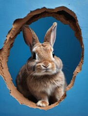 Photo Of Bunny Peeking Out Of A Hole In Blue Wall, Fluffy Eared Bunny Easter Bunny Banner, Rabbit Jump Out Torn Hole.