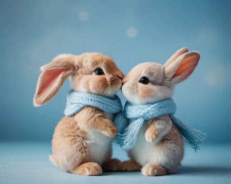 Photo Of Two Small Cute Easter Bunnies With A Scarf Are Kissing On A Light Blue Background, Creative Valentines Day Holiday Ideas.