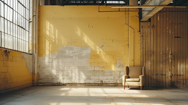 Photo of a large room with a light yellow wall and occasional translucent white bricks. Lots of natural light. Show corner with two walls. A modern armchair in the right corner, Vertical light brown w