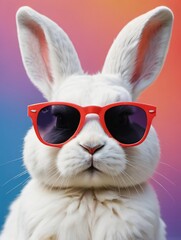 Photo Of Abstract Clipart Of White Rabbit Wearing Trendy Sunglasses, Contemporary Colourful Background, Summer Minimalism, Posters, Planners, Web, Landing Page, Illustration, Ai Image.