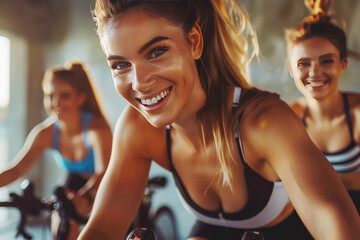 Beautiful fitness girl during cycling class indoors - obrazy, fototapety, plakaty