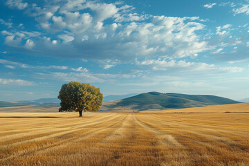 Fototapeta premium Single tree in a golden field with distant hills and blue sky