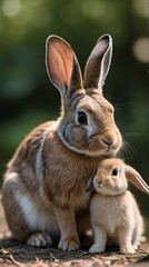 Obraz premium Photo Of Mother Bunny & Baby Bunnies.