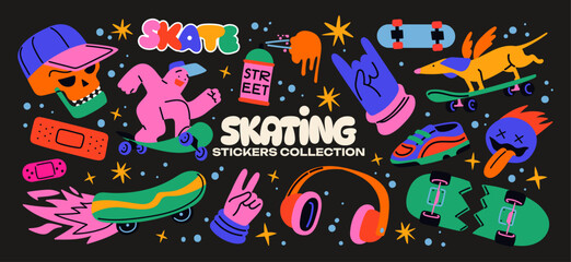 Retro skater stickers in 90s cartoon style. Skateboarding badges, rollers, vinyl, vintage, UFO. Hippie acid groovy y2k, nostalgia vector shapes
