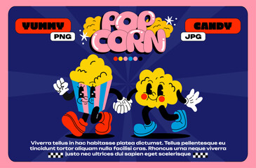 Funny cartoon popcorn character. Trendy bright poster. Vector mascot  with gloved hands illustration  in 90s style. Set of comic elements in trendy retro groovy style.