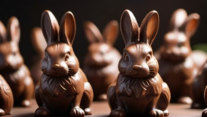 Photo Of Group Of High Detailed Chocolate Easter Bunnies. - obrazy, fototapety, plakaty