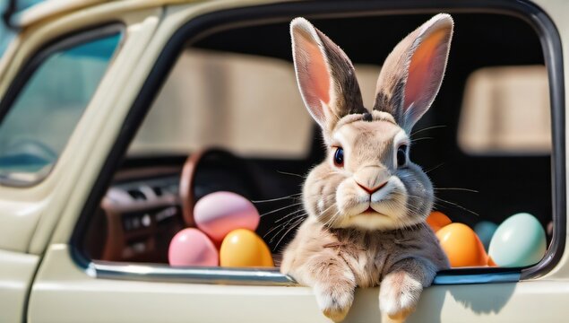 Photo Of Easter Bunny, Eggs And Car, Holiday, Vacation And Festive Season With Pastel Color, Chocolate And Cute Face, Sunshine, Rabbit And Animal Portrait In Vintage Vehicle, Creative Celebration Art.