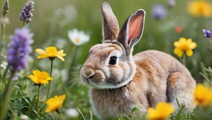 Photo Of Easter Bunny In A Flower Meadow In A Watercolor Style On A White Background.
