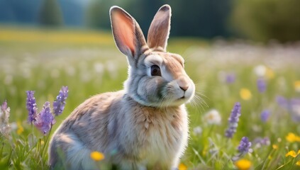 Fototapeta premium Photo Of Easter Bunny In A Flower Meadow In A Watercolor Style On A White Background.