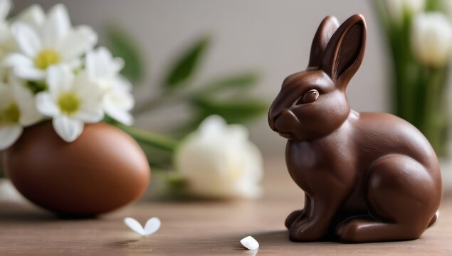 Photo Of A Chocolate Bunny Figurine Sitting Next To An Easter Egg On A Table With White Flowers In The Background.