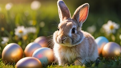 Fototapeta na wymiar Photo Of Cute Little Easter Bunny Sitting Near Easter Eggs In Flowery Meadow, Golden Hour, Sun Is Shining, Banner Image.
