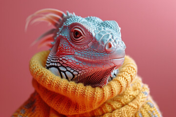 3d rendering space and pink color relaxed iguana wearing a sweater, minimalist