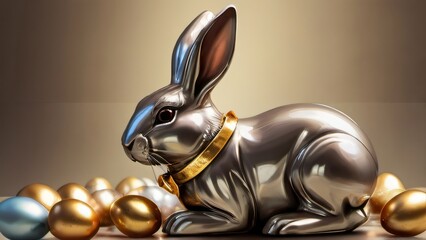 Photo Of Easter Chocolate Bunny Wrapped In Silver With A Gold Bow And Chocolate Eggs Wrapped In Gold On A Light Gold Background, Easter Holiday Concept, Text.