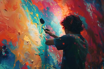 A young artist creating on vibrant background with paint and brush. Concept Artistic Creativity, Vibrant Colors, Painter's Studio, Creative Process, Expressive Brushstrokes
