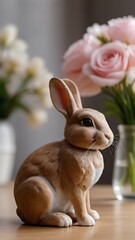 Photo Of A Brown Rabbit Figurine Sitting On Top Of A Table Next To A Vase Filled With White And Pink Flowers.