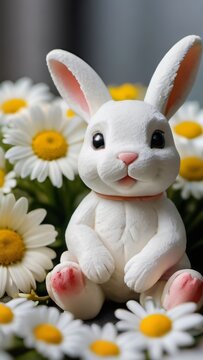 Photo Of A Close Up Of A Bunch Of Flowers With A Bunny Figurine Sitting In The Middle Of The Bouquet Of Daisies And Daisies In The, Eground.