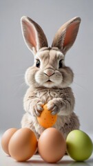 Fototapeta na wymiar Photo Of Easter Bunny Holds An Egg On A White Background.