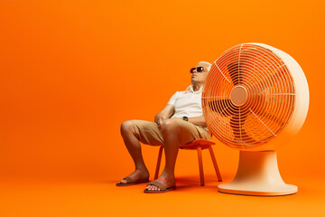 a very hot older man sitting in a chair cooling off next to a giant fan on an orange background