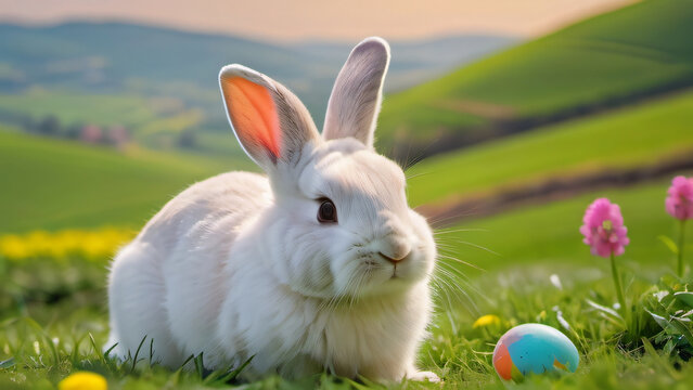 Photo Of Cute Easter Bunny Rabbit And Egg In Hill With Green Fields And Colorful Flower On A Bright Day.
