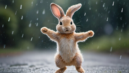 Photo Of Dancing Bunny In Watercolor Rain Whimsical Raindrops Playful Splashes Digital Illustration.