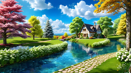 water, river, lake, nature, landscape, house, sky, Generative AI
