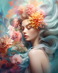 Naklejka premium Spring Beauty: A Floral Portrait of a Gorgeous Young Lady with Pink Rose Bouquet in her Hair, Elegance and Femininity in a Fairy-like Fashion