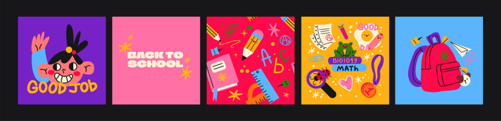 Set cartoon back to school posters in the 90s style. Retro elements, office, study. Groovy characters students, school supplies, bag, lessons, university. Trendy bright vector banners