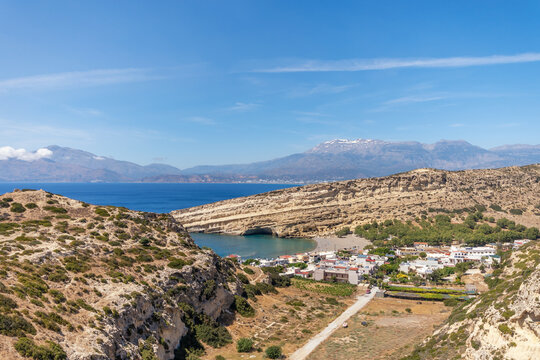 Top view of the famous beach of Matala on the island of Crete. Matala Caves.