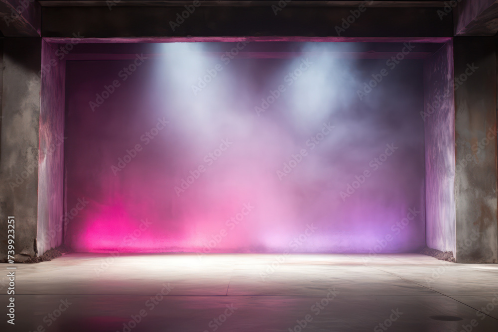 Poster dark stage: a bright spotlight illuminating an empty concrete room, creating an abstraction of blue 