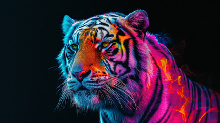 a visually stunning Colorful white tiger pop art illustration on a black canvas, intricately...
