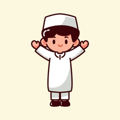 Cute vector illustration of islamic muslim boy celebrating ramadan eid al fitr