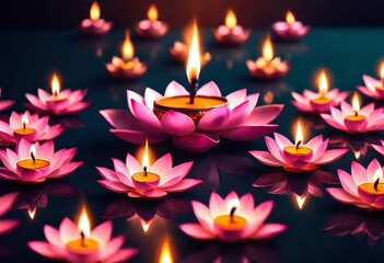 Diwali is an Indian holiday, the festival of fire. Lotus flowers and diyas oil lamps. With Generative AI technology. 3D render