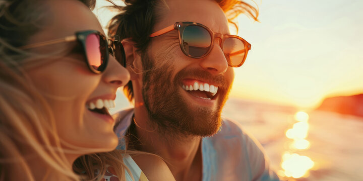 Happy smiling couple wear sunglasses enjoying summer holidays at beach.