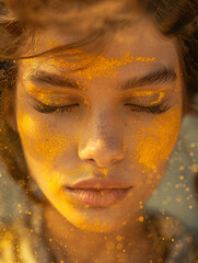Captivating portrait of a woman adorned in yellow powder, her expressive face painted with delicate strokes highlighting her eyelashes and eyebrows, exuding confidence and femininity