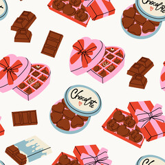 Various Chocolate set. Different shapes of chocolate. Candies in box, bars and sweets. Tasty cocoa products. Hand drawn trendy Vector illustration. Sweet, delicious dessert. Square seamless Pattern - 739923675