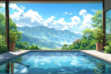 Infinity pool with mountain view under clear blue sky