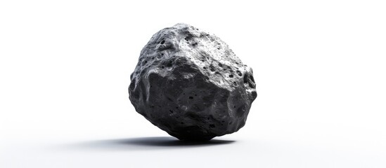 This photo depicts a single asteroid, a rock from outer space, placed on a plain white background. The contrast between the dark asteroid and the bright white background creates a striking visual