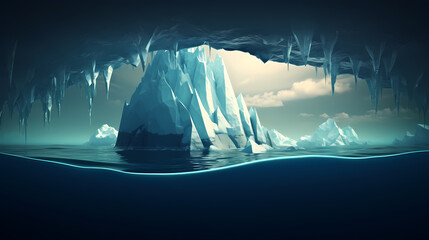 Iceberg surrounded by floating ice chunks