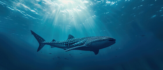 Banner of a whale shark on blured nature background, with empty copy space	 - obrazy, fototapety, plakaty