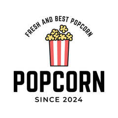 Popcorn logo, label, symbol or sign isolated on white background. Vector illustration of snack for your design.