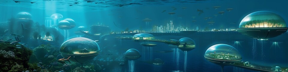 A vision of Earth's future with underwater cities, illuminated domes and interconnected habitats under the ocean, showcasing advanced human adaptation and aquatic innovation - obrazy, fototapety, plakaty