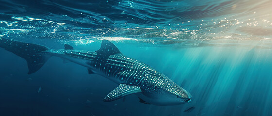 Obraz premium Banner of a whale shark on blured nature background, with empty copy space 