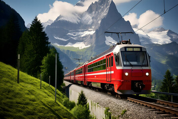 Red train on the background of the mountains and the Matterhorn.