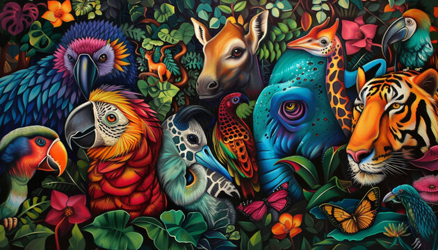 colourful animals story, and the story comes from the imagination. Animals oil painting in the style of Reydel Espinosa