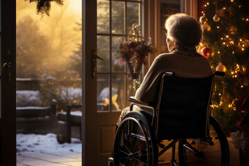 An elderly grandmother waiting in a wheel chair for the family to show up for the upcoming Christmas - obrazy, fototapety, plakaty