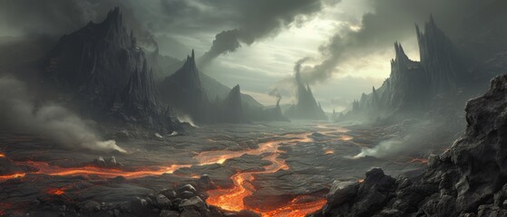 A vision of hell as a vast, infernal landscape, with rivers of lava flowing between jagged volcanic rocks, and ominous, smoky skies overhead. - obrazy, fototapety, plakaty