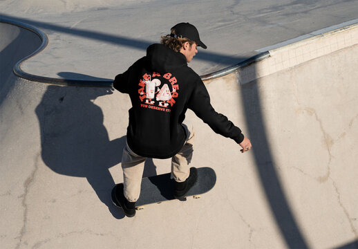 Mockup of skater wearing customizable hoodie skating