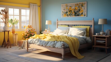 A cozy bedroom with a rustic wooden bed frame against a backdrop of soft, sky-blue walls and accents of sunny yellow, creating a charming and inviting atmosphere.