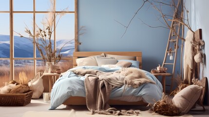 Obraz na płótnie Canvas A cozy bedroom with a rustic wooden bed set against a backdrop of soft, sky-blue walls and earthy-toned accessories, blending warmth with a touch of nature.