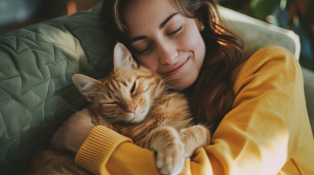 Closeup of young woman together with pet holding cat on counch at home